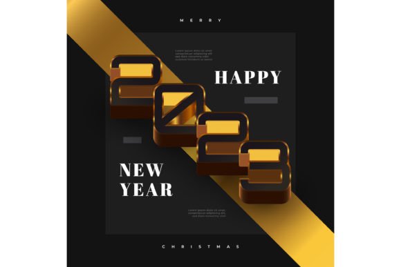 3D New Year 2023 Poster or Card Design with Black and Gold Elegance